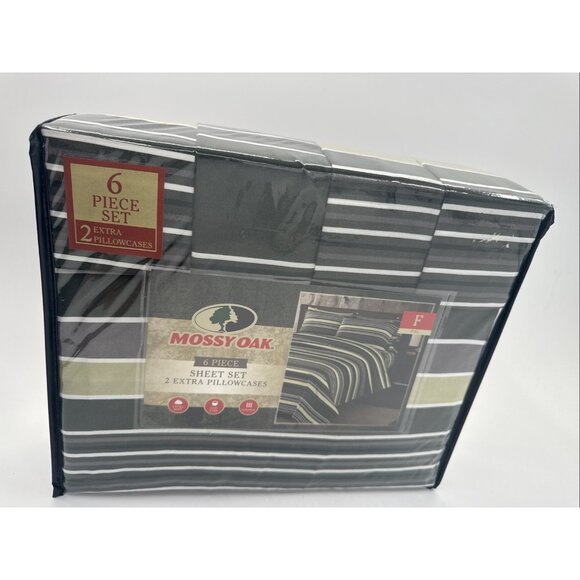 Mossy Oak Full Size Sheet Set 6 Piece Green Striped Hunting Lodge Cabin NEW - Picture 4 of 9